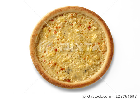 Four cheese pizza isolated on white background, delicious italian dish Four cheese pizza isolated on white background, delicious italian dish 128764698