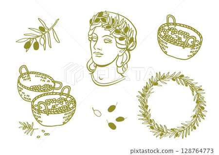 olive tree branches, head of antique statue in olive wreath, frame - wreath of olive branches, baskets of olives, meditarranean aesthetic for olive oil products branding and packaging 128764773