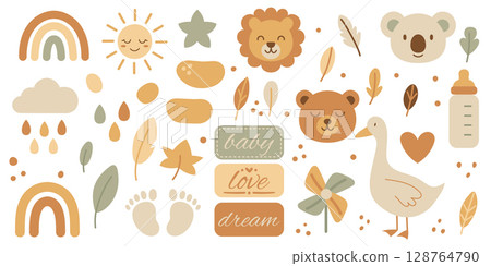 Cute boho baby animals and nursery elements with lion rainbow and pacifier in pastel tones Cute boho baby animals and nursery elements with lion rainbow and pacifier in pastel tones 128764790