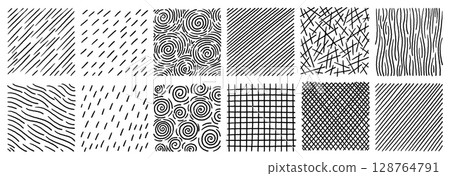Hand drawn black and white crosshatch textures set with lines dots and grids isolated on white Hand drawn black and white crosshatch textures set with lines dots and grids isolated on white 128764791