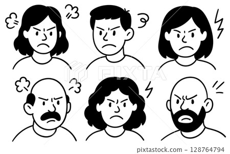Set of angry doodle faces showing frustration and rage emotions in hand drawn cartoon style 128764794