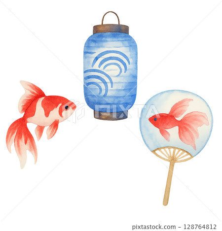 金魚、藍燈籠和風扇套裝（PNG 剪紙） 128764812