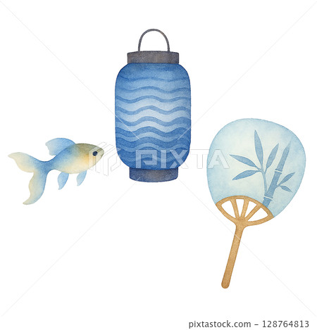 Goldfish, blue lantern and bamboo fan set (PNG cutout) 128764813