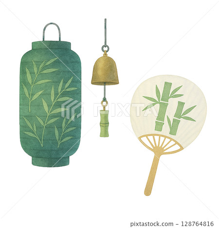 竹紋燈籠、扇子和風鈴套裝（PNG 剪紙） 128764816