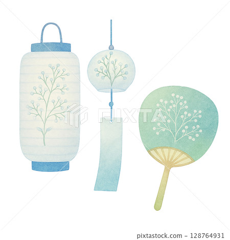 Green lantern, fan and wind chime set (PNG cutout) 128764931