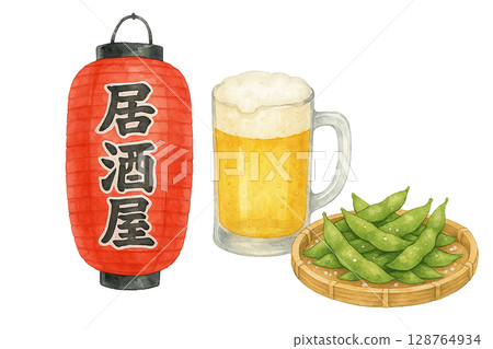 居酒屋燈籠、啤酒和毛豆套裝（PNG 剪紙） 128764934