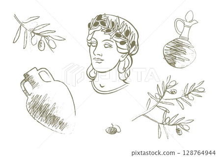 Hand-drawn vector illustration of olive branches, amphora, oil jug and classical greek women bust, mediterranean aesthetic for olive oil products branding and packaging 128764944