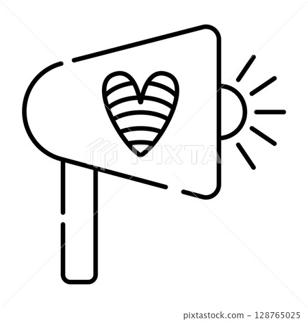Loudspeaker with rainbow heart, lgbt sign, black line icon Loudspeaker with rainbow heart, lgbt sign, black line icon 128765025