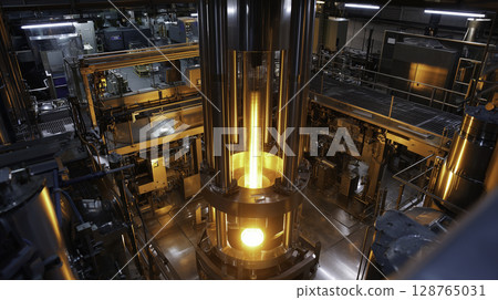 Technical footage illustrating the uranium enrichment process inside a secure nuclear facility. High-tech centrifuges spinning rapidly, advanced monitoring equipment, and sterile industrial 128765031