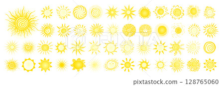Large set of yellow suns. The sun objects are beautiful hand drawn. Not AI, Vector illustration 128765060