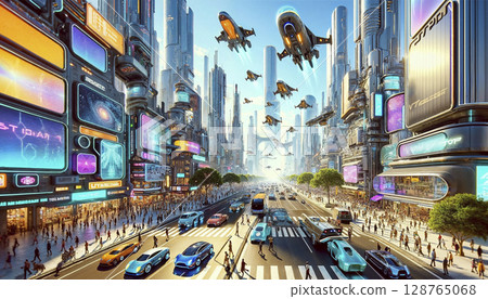 Flying car and skyscrapers. Illustration of a futuristic city 128765068