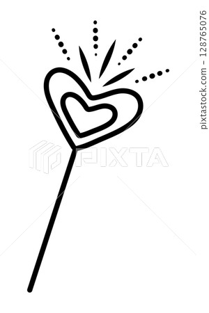 Black line fairy magic wand, vector monochrome doodle of wizard magical stick Black line fairy magic wand, vector monochrome doodle of wizard magical stick 128765076