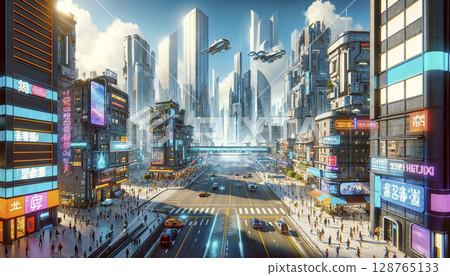 Illustration of a futuristic city with flying cars and skyscrapers Illustration of a futuristic city with flying cars and skyscrapers 128765133