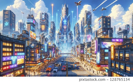 Illustration of a futuristic cyberpunk city with neon glowing streetscape Illustration of a futuristic cyberpunk city with neon glowing streetscape 128765134