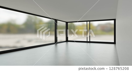 Modern Minimalist Interior with Large Glass Windows 128765208