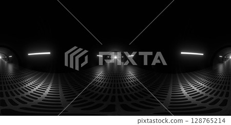 Futuristic Dark Tunnel with Illuminated Patterns 360 vr panorama 128765214
