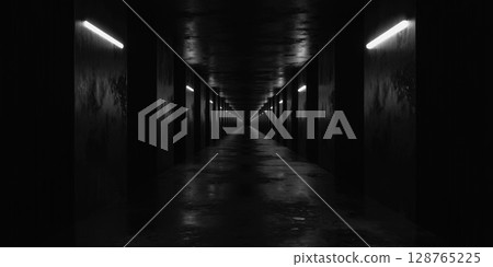 Eerie Minimalist Corridor with Fluorescent Lights 128765225
