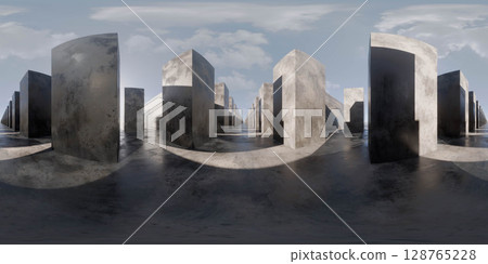 Surreal Abstract Landscape with Concrete Structures 360 vr panorama 3d render Surreal Abstract Landscape with Concrete Structures 360 vr panorama 3d render 128765228