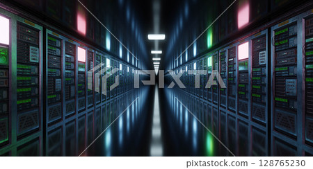 Futuristic Data Center Corridor with Server Racks 128765230