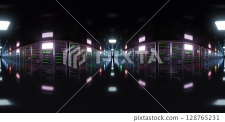Futuristic Data Center with Colorful Server Racks 360 vr panorama 128765231