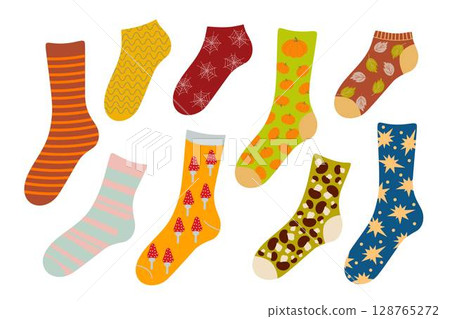 Warm knit socks collection autumn or fall clothes doodle hand drawn illustration, woollen or cotton footwear with various ornaments, fashionable trendy accessory for seasonal themed design, decor 128765272