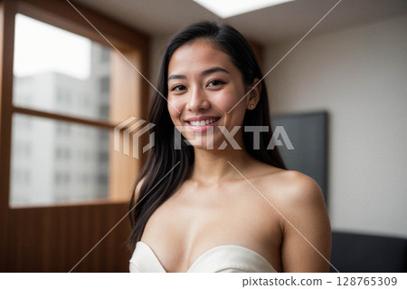 Elegant Young Woman in Cream Dress Smiling 128765309