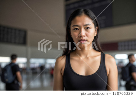 Serious Young Woman in Airport Terminal 128765329