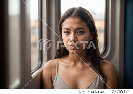Contemplative Young Woman by Train Window 128765335