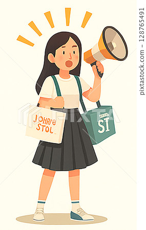 一位拿著擴音器歡呼的女性的插圖！日本學生！一位穿著制服的活潑女孩，10歲左右，國中或高中生 128765491