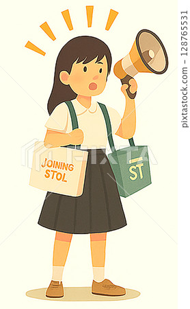 Illustration of a woman cheering with a megaphone! Japanese student! A lively girl in a uniform, around the age of 10, junior high school or high school 128765531