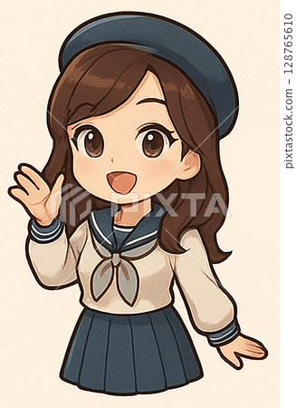 Illustration of a cheering woman! A Japanese student! A cheerful smiling girl in a uniform, about the age of a teenager from junior high school to high school 128765610