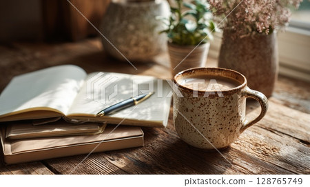 Background of stationery and coffee on the table Background of stationery and coffee on the table 128765749