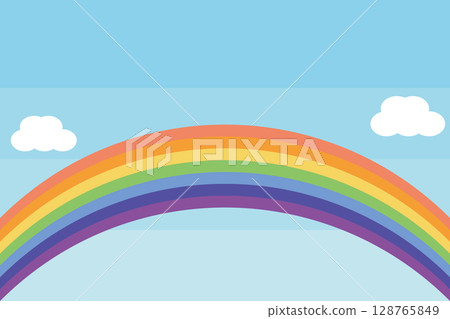 Illustration of a rainbow, blue sky and clouds. Background material. Copy space. 128765849