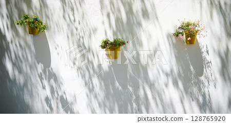 Sunlit Wall Featuring Suspended Yellow Plant Pots Casting Shadows 128765920
