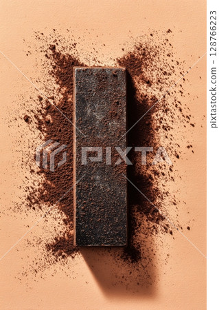 Rectangular Dark Chocolate with Cocoa Dusting on Pastel Brown Background 128766223