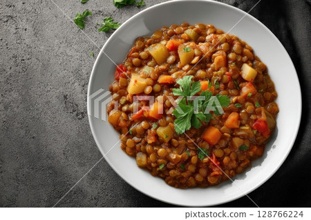 Photorealistic Lentil and Vegetable Stew with Cilantro Garnish on Neutral Surface 128766224