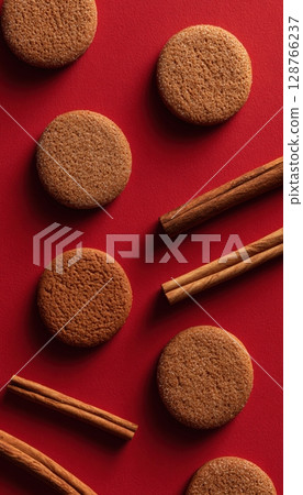 Gingerbread Cookies and Cinnamon Sticks on Red Holiday Background 128766237