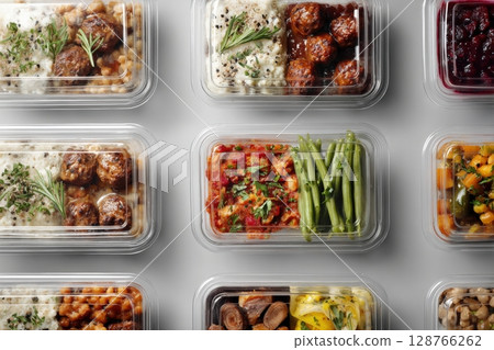 Top-Down View of Packaged Vegan Meals in Clear Containers on Gray Surface 128766262