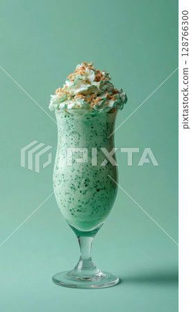 Spirulina Smoothie in Tall Glass with Coconut Flakes on Mint Background Spirulina Smoothie in Tall Glass with Coconut Flakes on Mint Background 128766300