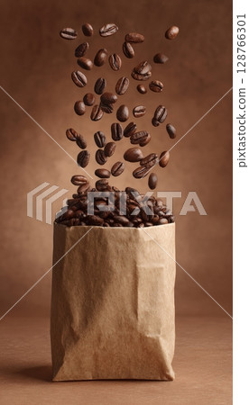 Kraft Paper Bag Overflowing with Roasted Coffee Beans on Brown Background 128766301