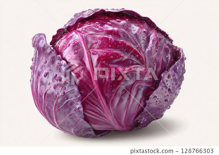 Photorealistic Red Cabbage with Water Droplets on White Background 128766303