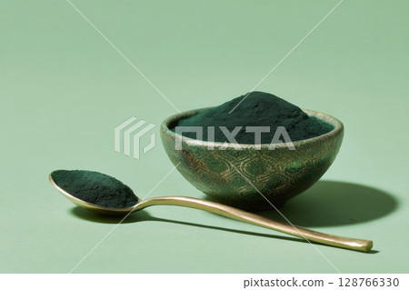 Spoonful of Spirulina Powder with Bowl on Soft Green Background 128766330