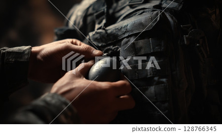First-Person View of Loading Flashbang into Tactical Pouch in Dark Building 128766345