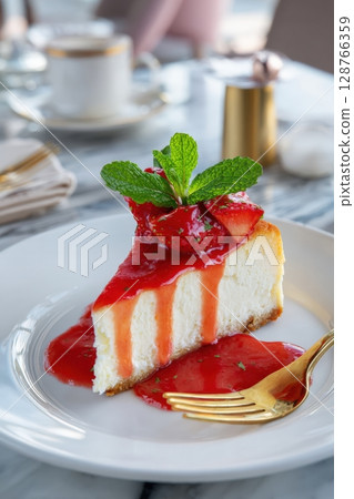 Classic Cheesecake Slice with Strawberry Sauce and Mint on Elegant Plate 128766359