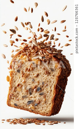 Photorealistic Seed Bread Slice with Sunflower and Flax Seeds on White Background 128766361