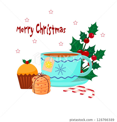 Christmas and New Year card. Cup of lemon tea, cake, cookies and lollipops. Sweet treat for Christmas. Waiting for winter holidays. Holiday card. Christmas and New Year card. Cup of lemon tea, cake, cookies and lollipops. Sweet treat for Christmas. Waiting for winter holidays. Holiday card. 128766389