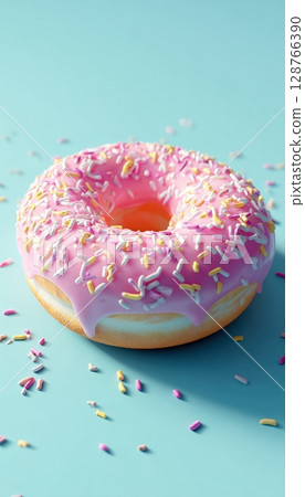 3D Render of Pink Frosted Donut with Sprinkles on Pastel Blue Background 3D Render of Pink Frosted Donut with Sprinkles on Pastel Blue Background 128766390