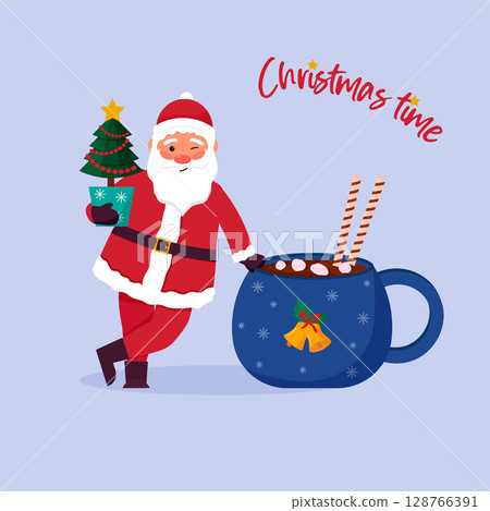 A cheerful Santa Claus winks while holding a Christmas tree and leaning on a mug of hot chocolate. Holiday card design. Happy winter holidays. Christmas and new year. 128766391