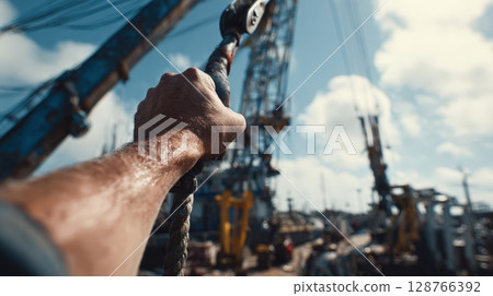 First-person View Operating Hydraulic Crane Lever at Dockside First-person View Operating Hydraulic Crane Lever at Dockside 128766392