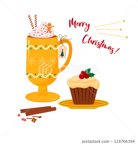 Holiday greeting card design Yellow cup with chocolate drink, pranika man, cupcake. Holly decoration. Sweet treat for Christmas. Waiting for the holiday. 128766394